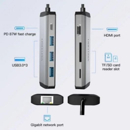 Hub Vention 8-en-1 HDMI 4K USB 3.0 RJ45 PD 87W Alu