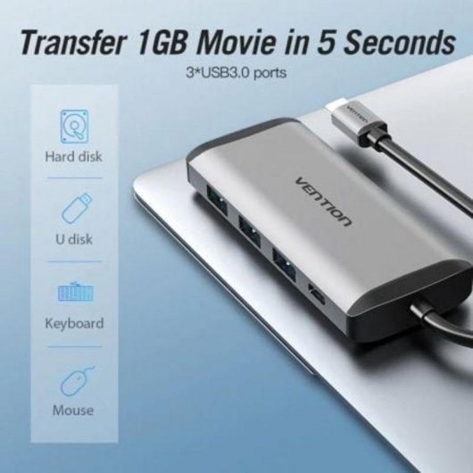 Hub Vention 8-en-1 HDMI 4K USB 3.0 RJ45 PD 87W Alu