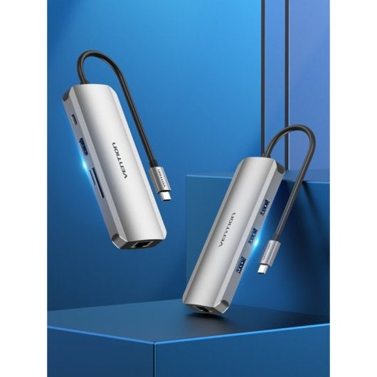 Hub USB-C Vention in alluminio argento, 4 porte USB 3.2, HDMI, Ethernet, lettore SD, 4K, 100 W