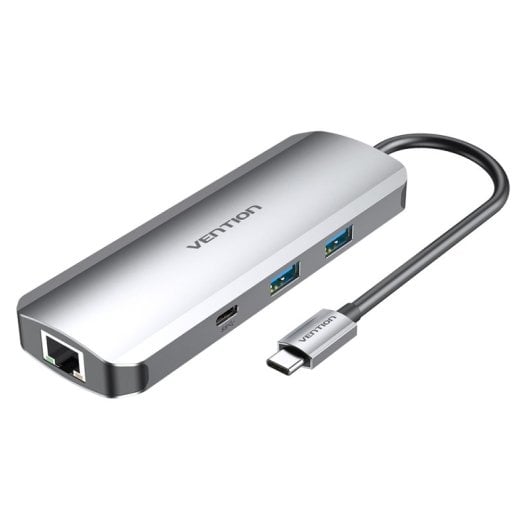 Docking Station Vention USB-C 4K Ultra HD Alumínio 2xUSB 3.2 2xUSB-C HDMI Ethernet SD Prata