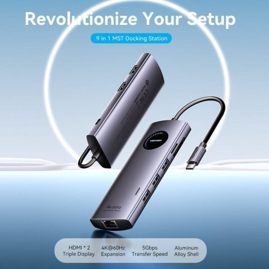 Docking USB-C Vention TQVHB 2xHDMI 3xUSB RJ45 SD/TF PD 100W Gris