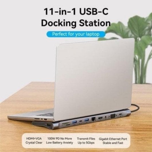 Docking Station Vention THTHC USB-C 11 in 1 HDMI VGA 3xUSB RJ45 SD MicroSD Jack 3.5 Grau