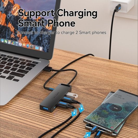 Vention CHHLBD USB-Hub, 4 USB 3.0-Anschlüsse, MicroUSB PD, 50 cm, Schwarz