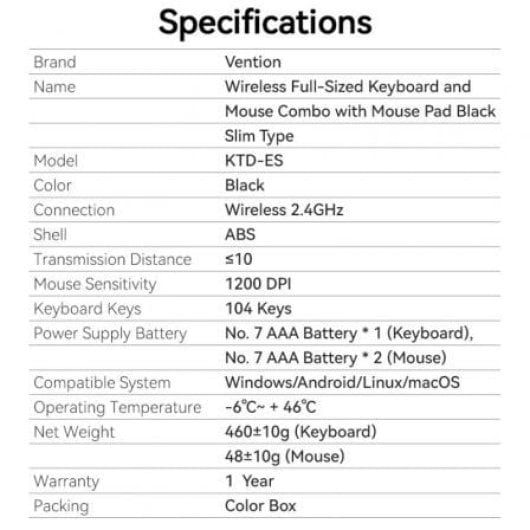 Vention KTD Layout ES Kabellose Membran-Tastatur-Kombination mit 2,4-GHz-Maus, Schwarz