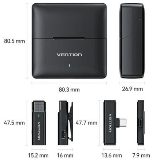 Micrófono Vention NCAB0 USB-C inalámbrico doble con cancelación de ruido y estuche carga