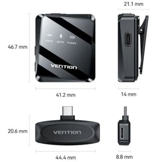 Micrófono Vention NCBB0 USB-C inalámbrico omnidireccional pack 2 clip cancelación de ruido