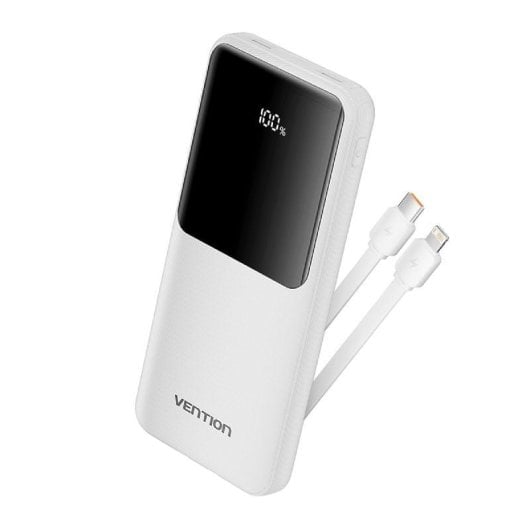 Vention FHOW0 PowerBank 10000 mAh mit USB-C- und Lightning-Kabel Integriertes 22,5-W-LED-Display Weiß