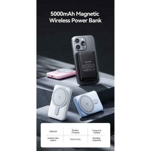 Vention FHSP0 PowerBank 5000mAh Magnetic Wireless (USB-C+C+Wireless) 20W Rosa