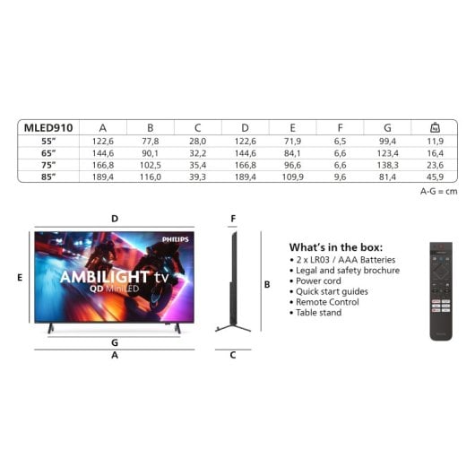 Téléviseur Philips Mini-LED Quantum Dot Ambilight 85" 85MLED910/12 4K Smart TV Dolby Vision HDMI 2.1 Alexa