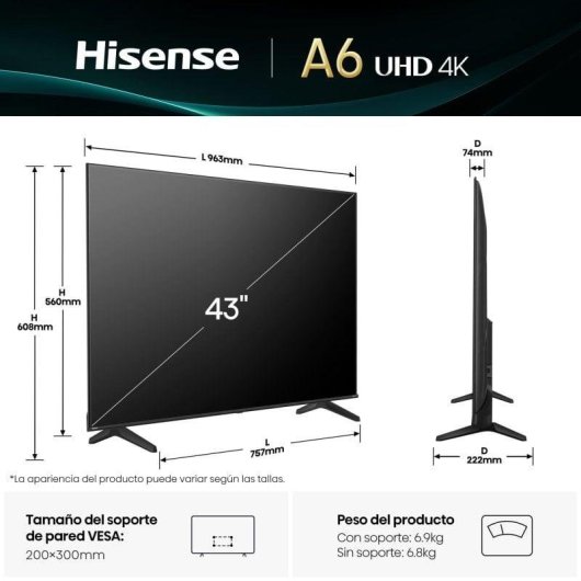 TV Hisense LED 43A6Q 43" 4K UltraHD 60Hz Smart TV VIDAA HDR10 Dolby Vision