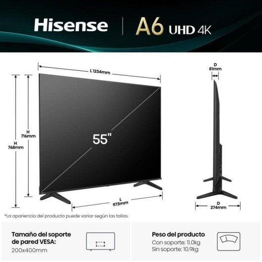 Hisense LED 55" 55A6Q UltraHD 4K Dolby Audio VIDAA