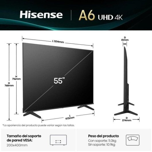 TV Hisense LED 55A6Q 55" 4K UltraHD 60Hz Smart TV VIDAA HDR10+ Dolby Vision DTS Virtual:X