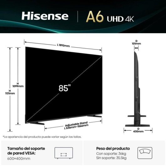 TV Hisense QLED 85A6Q 85" 4K UltraHD 60Hz Smart TV VIDAA Dolby Vision DTS Virtual X