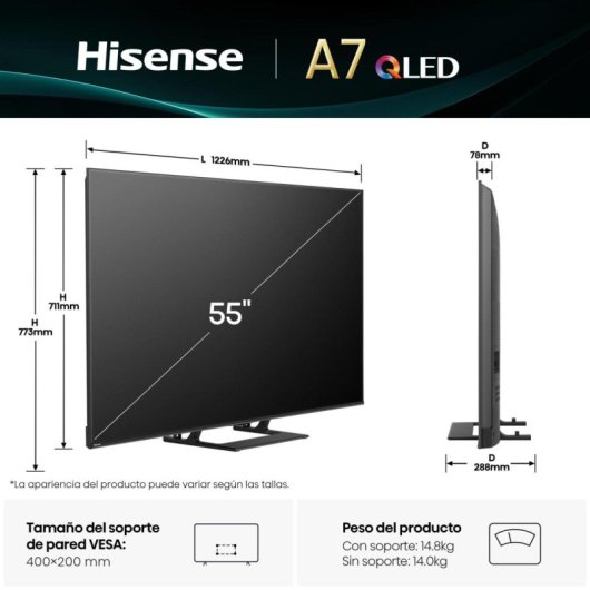 Hisense QLED 55A7Q 55″ 4K Controlo por Voz Dolby Vision Atmos Subwoofer HDMI 2.1