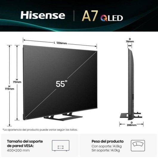 TV Hisense QLED 55A7Q 55" 4K UltraHD 60Hz Smart TV Vidaa Dolby Vision Atmos Subwoofer