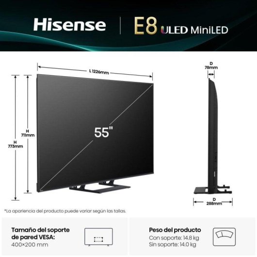 TV Hisense Mini LED 55E8Q 55" 4K UltraHD 144Hz Smart TV VIDAA Dolby Vision Atmos Gaming PRO