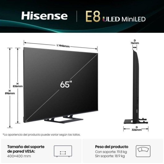 TV Hisense Mini LED 65E8Q 65" 4K UltraHD 144Hz Smart TV VIDAA Dolby Vision IQ Dolby Atmos