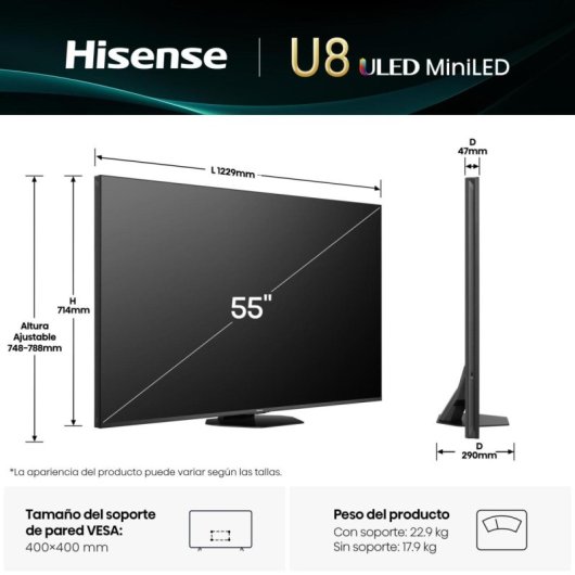 TV Hisense Mini-LED Pro 55U8Q 55″ 4K Full Array Local Dimming, Dolby Vision IQ, 165Hz, Dolby Atmos, Hi-View IA Pro