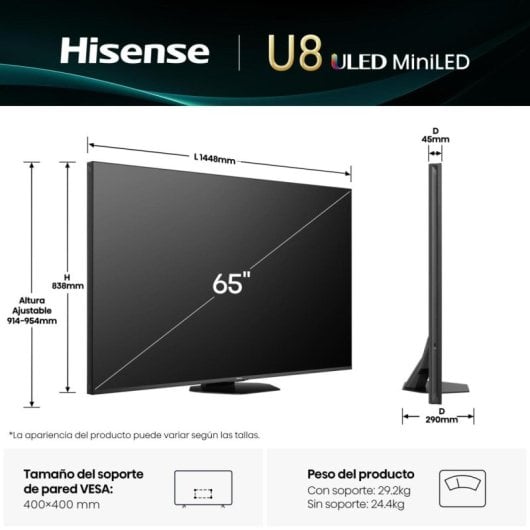TV Hisense Mini-LED 65U8Q 65? 4K Dolby Vision IQ Dolby Atmos 165Hz Gaming Anti-Reflejo PRO