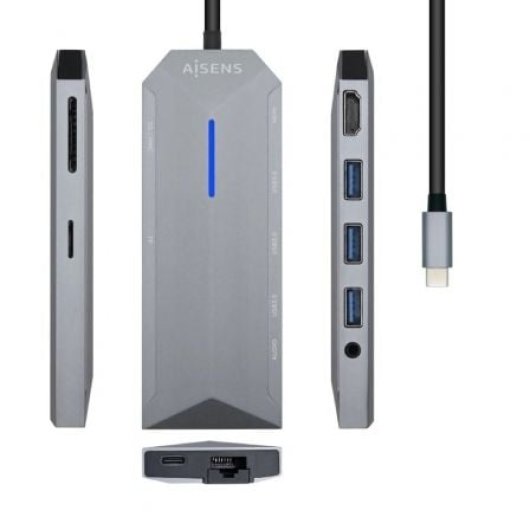 Dock USB-C AISENS ASUC-9P001-GR HDMI 4K/3xUSB 3.0/RJ45 Audio Lector SD Gris