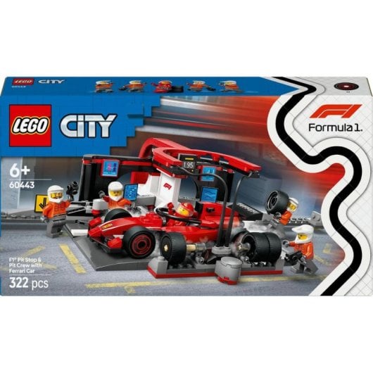 Lego City Parada en Boxes de F1 y Equipo de Mecánicos con Coche Ferrari para Niños de 6+ Años