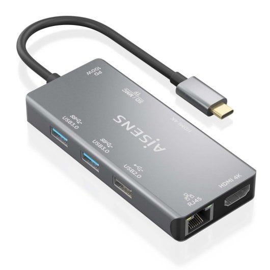 AISENS DUA9-0104 Dock USB-C 9 em 1 2xHDMI 1xRJ45 2xUSB3.0 100W SD MicroSD Cinza 15cm