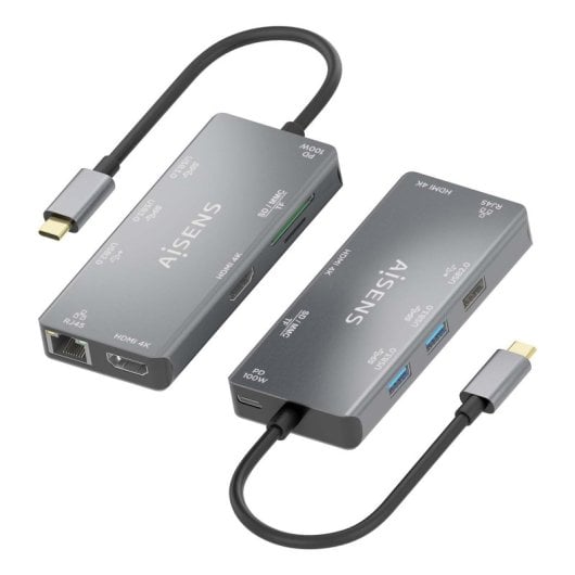 AISENS DUA9-0104 Dock USB-C 9 em 1 2xHDMI 1xRJ45 2xUSB3.0 100W SD MicroSD Cinza 15cm