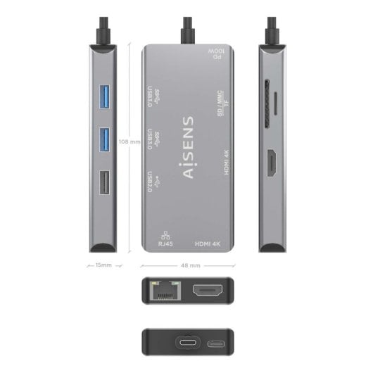 AISENS DUA9-0104 Dock USB-C 9 em 1 2xHDMI 1xRJ45 2xUSB3.0 100W SD MicroSD Cinza 15cm