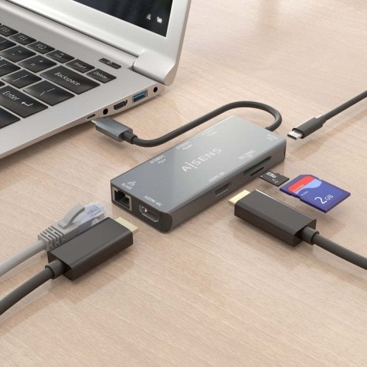 AISENS DUA9-0104 Dock USB-C 9 em 1 2xHDMI 1xRJ45 2xUSB3.0 100W SD MicroSD Cinza 15cm