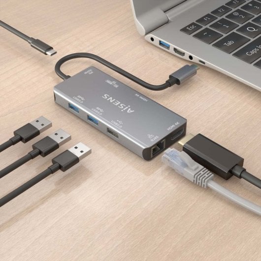 AISENS DUA9-0104 Dock USB-C 9 em 1 2xHDMI 1xRJ45 2xUSB3.0 100W SD MicroSD Cinza 15cm