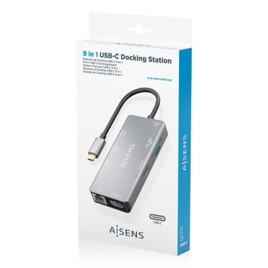 AISENS DUA9-0104 Dock USB-C 9 em 1 2xHDMI 1xRJ45 2xUSB3.0 100W SD MicroSD Cinza 15cm