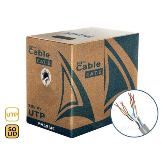 Cable de red Phasak PHR 6302 UTP Cat6 Sólido CCA AWG23 305m Gris
