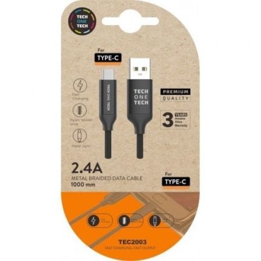 Cable USB Tech One Tech TEC2003 USB 2.0 Tipo-C macho a USB-A macho 1m Nylon 2,4A Negro