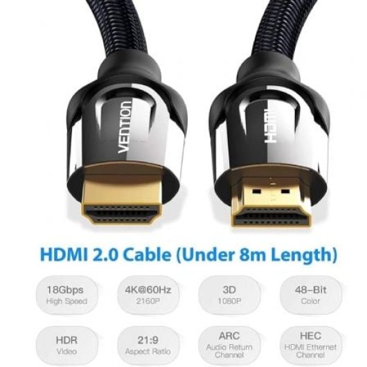 Cable HDMI VENTION VAA-B05-B100 4K 1m Macho a Macho 2.0 Zinc Nylon Oro Negro