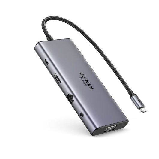 Hub Ugreen 11-em-1 USB-C 3xUSB-C 2xUSB-A HDMI VGA RJ45 SD TF 3.5mm Cinzento