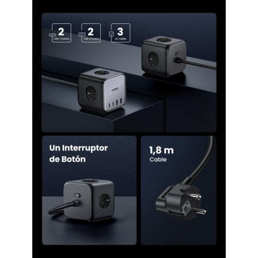 Estación de carga Ugreen Nexode DigiNest 65W GaN 7 en 1 3xCA 2xUSB C 2xUSB A cable 1.8M