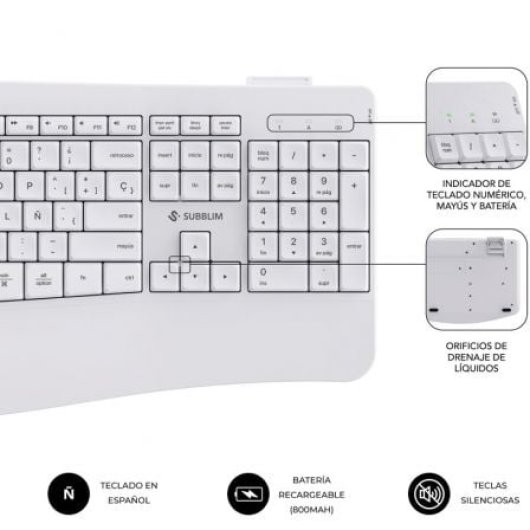 Teclado de membrana SUBBLIM Combo Dual Office Prowave Layout ES inalámbrico Bluetooth y USB blanco