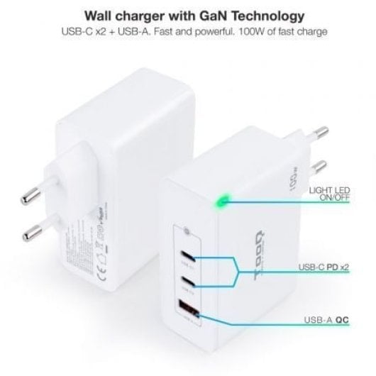 Cargador de Pared TOOQ TQWC-GANQC2PD100W 2xUSB-C 1xUSB-A GaN 100W Blanco
