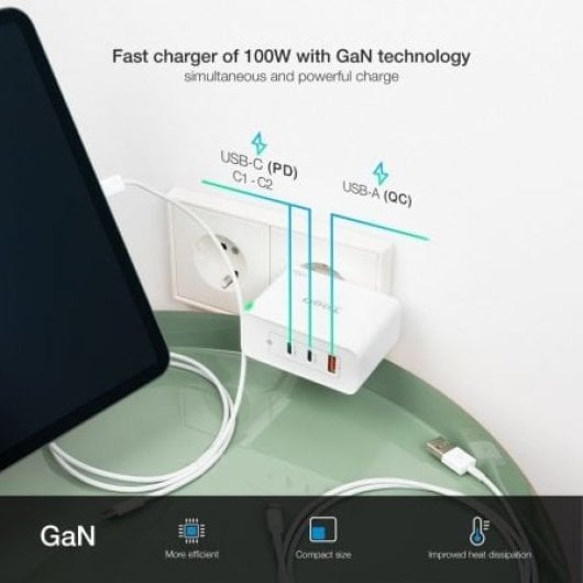 Cargador de Pared TOOQ TQWC-GANQC2PD100W 2xUSB-C 1xUSB-A GaN 100W Blanco