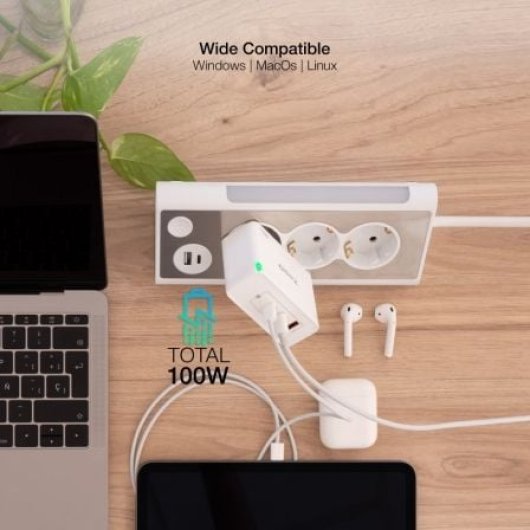 Cargador de Pared TOOQ TQWC-GANQC2PD100W 2xUSB-C 1xUSB-A GaN 100W Blanco