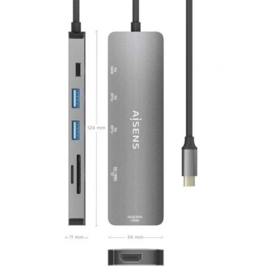 Docking station AISENS ASUC-6P016-GR HDMI 4K/2xUSB-A/SD-microSD/USB-C PD 100W/Aluminio