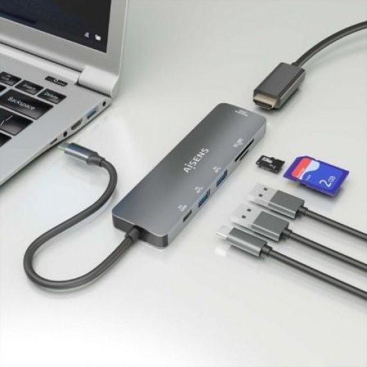 Docking station AISENS ASUC-6P016-GR HDMI 4K/2xUSB-A/SD-microSD/USB-C PD 100W/Aluminio
