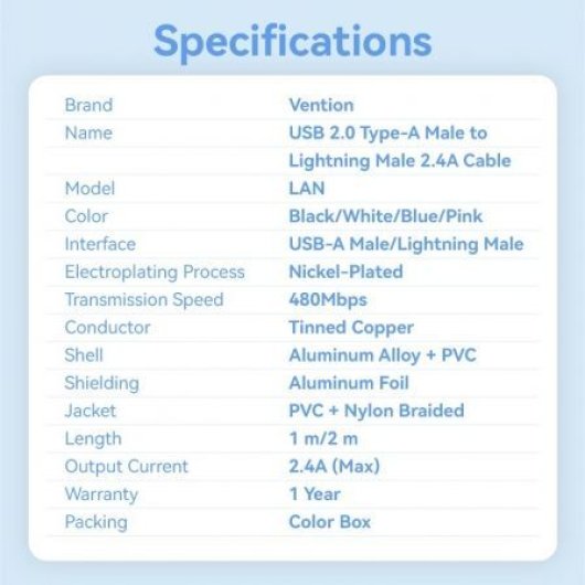 Cable USB Lightning Vention LANPH 2m Rosa 480Mbps 2.4A Algodón Trenzado
