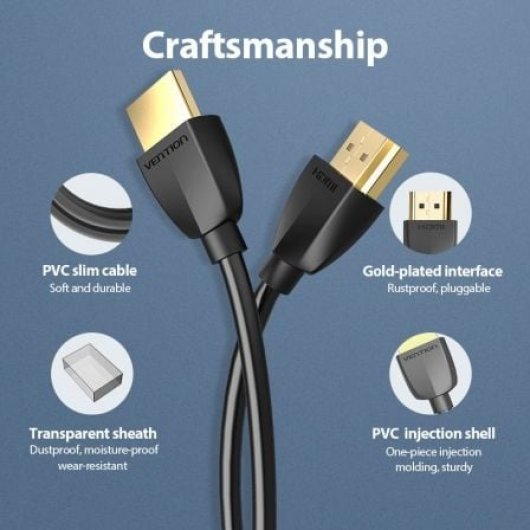 Cable HDMI Vention AAIBG 2.0 4K 1.5m Negro ultrafino HDR 18Gbps TMDS Gold