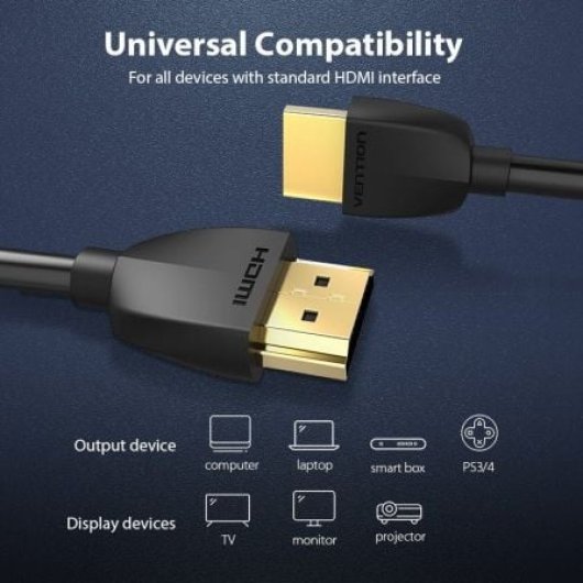 Cable HDMI Vention AAIBG 2.0 4K 1.5m Negro ultrafino HDR 18Gbps TMDS Gold