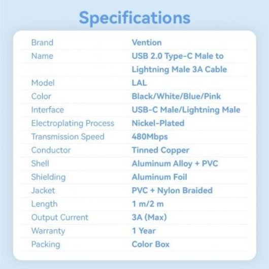 Cable Vention LALPF USB-C Lightning 27W 480Mbps 1m Rosa