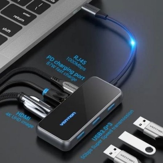 Estación de acoplamiento Vention TFFHB USB-C HDMI 4K 3xUSB RJ45 PD 87W Gris