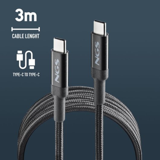 Cable NGS KNOT 65W-3 USB-C 3m NegroCarga Rápida 65W USB 2.0 Ultra Resistente