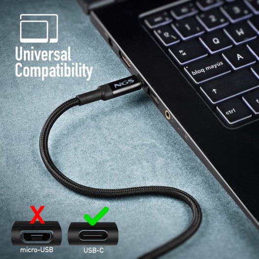 Cable NGS KNOT 65W-3 USB-C 3m NegroCarga Rápida 65W USB 2.0 Ultra Resistente