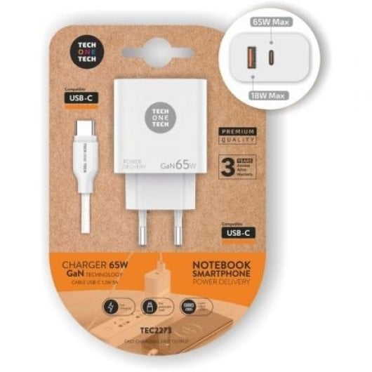 Carregador GaN Tech One Tech PD TEC2273 65 W USB-C/USB-A Carregamento rápido e cabo de 1,2 m